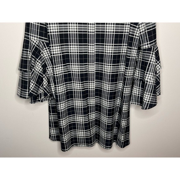 Alice + Olivia Jem Plaid Ruffle Bell Sleeve Button Shirt Dress Black Women's S/P - Picture 8 of 13